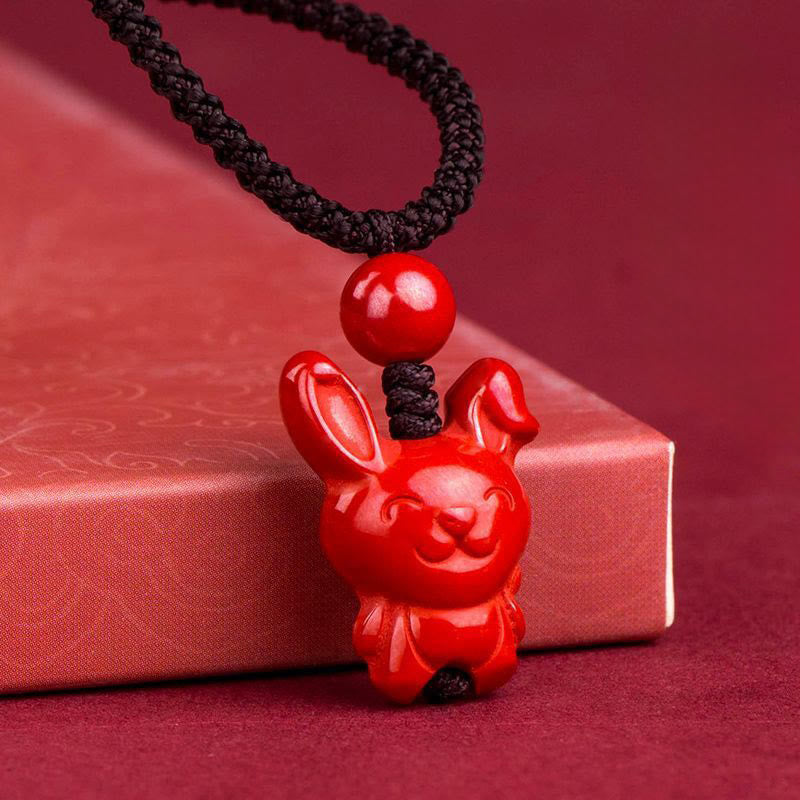 Wear FengShui Year Of The Horse Chinese Zodiac Engraved Design Cinnabar Blessing Rope Necklace Pendants