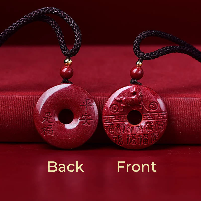 Wear FengShui Year Of The Horse Carved Fu Character Peace Buckle Design Cinnabar Blessing Auspicious Necklace Pendant