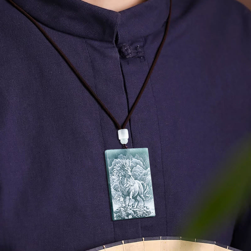 Wear FengShui Year Of The Horse Chinese Zodiac Engraving Jade Abundance Necklace Pendants