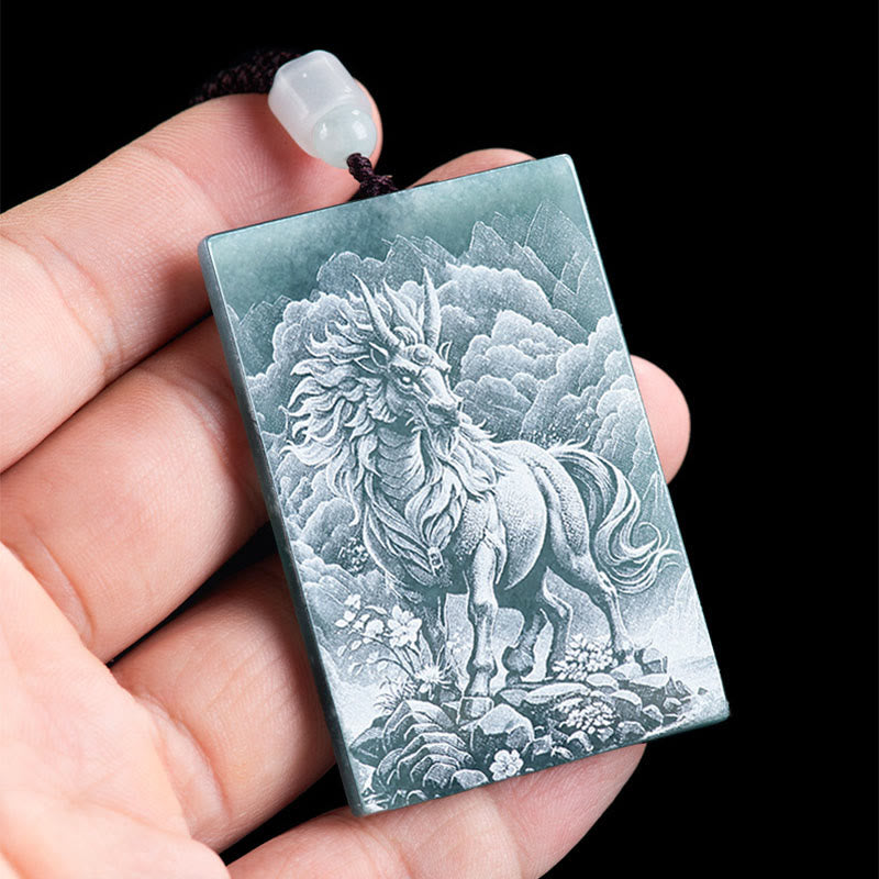 Wear FengShui Year Of The Horse Chinese Zodiac Engraving Jade Abundance Necklace Pendants