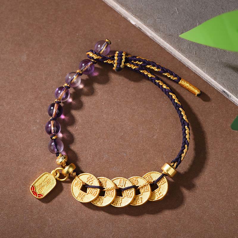 Wear FengShui Five-Emperor Coins Copper Amethyst Cinnabar Black Red String Balance Attract Fortune Bracelet