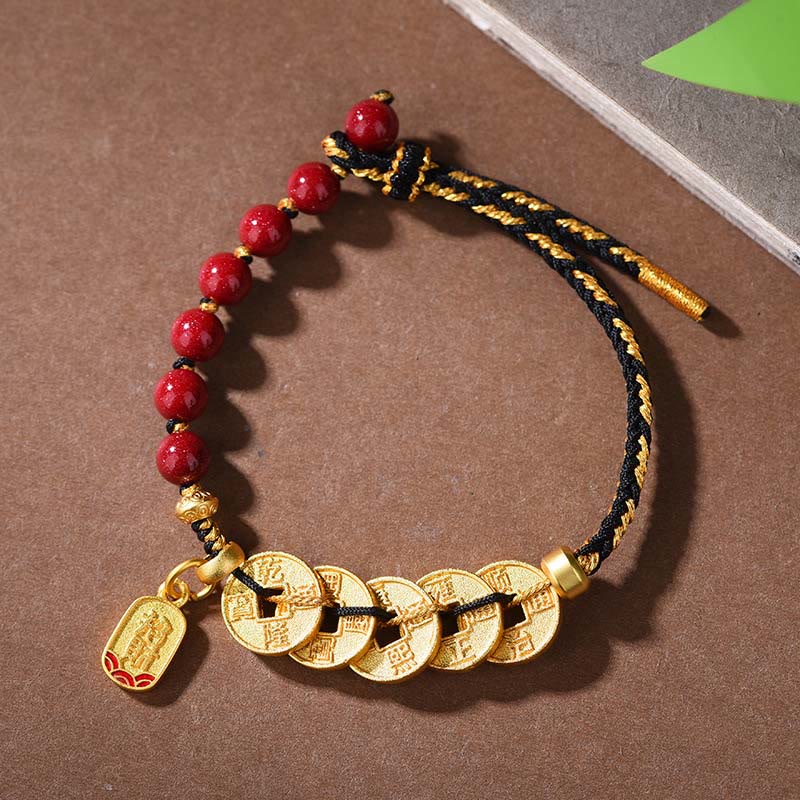 Wear FengShui Five-Emperor Coins Copper Amethyst Cinnabar Black Red String Balance Attract Fortune Bracelet