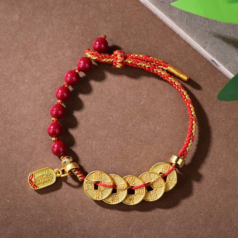 Wear FengShui Five-Emperor Coins Copper Amethyst Cinnabar Black Red String Balance Attract Fortune Bracelet