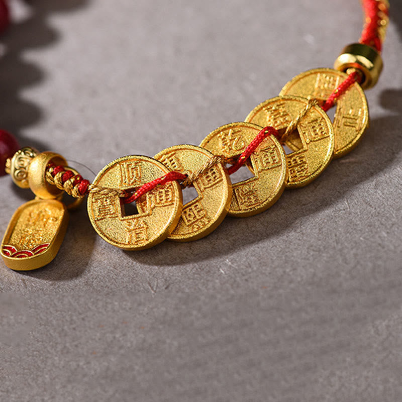 Wear FengShui Five-Emperor Coins Copper Amethyst Cinnabar Black Red String Balance Attract Fortune Bracelet