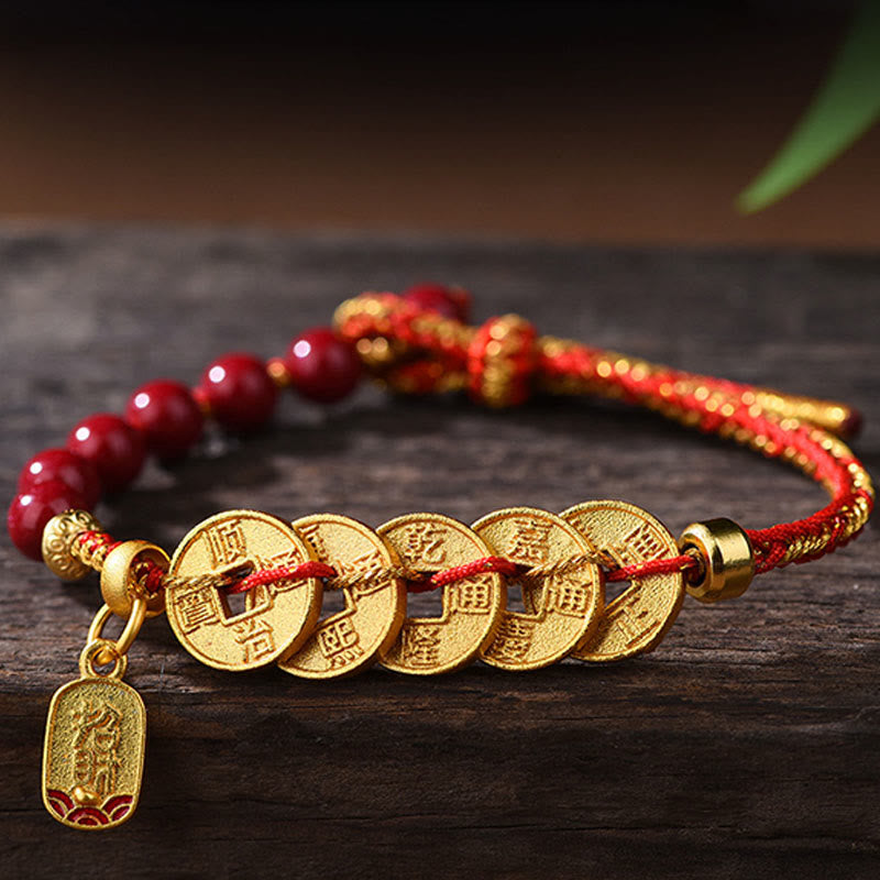 Wear FengShui Five-Emperor Coins Copper Amethyst Cinnabar Black Red String Balance Attract Fortune Bracelet