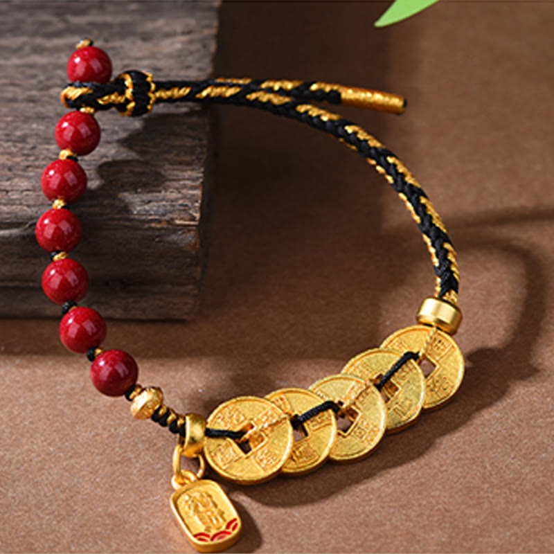 Wear FengShui Five-Emperor Coins Copper Amethyst Cinnabar Black Red String Balance Attract Fortune Bracelet