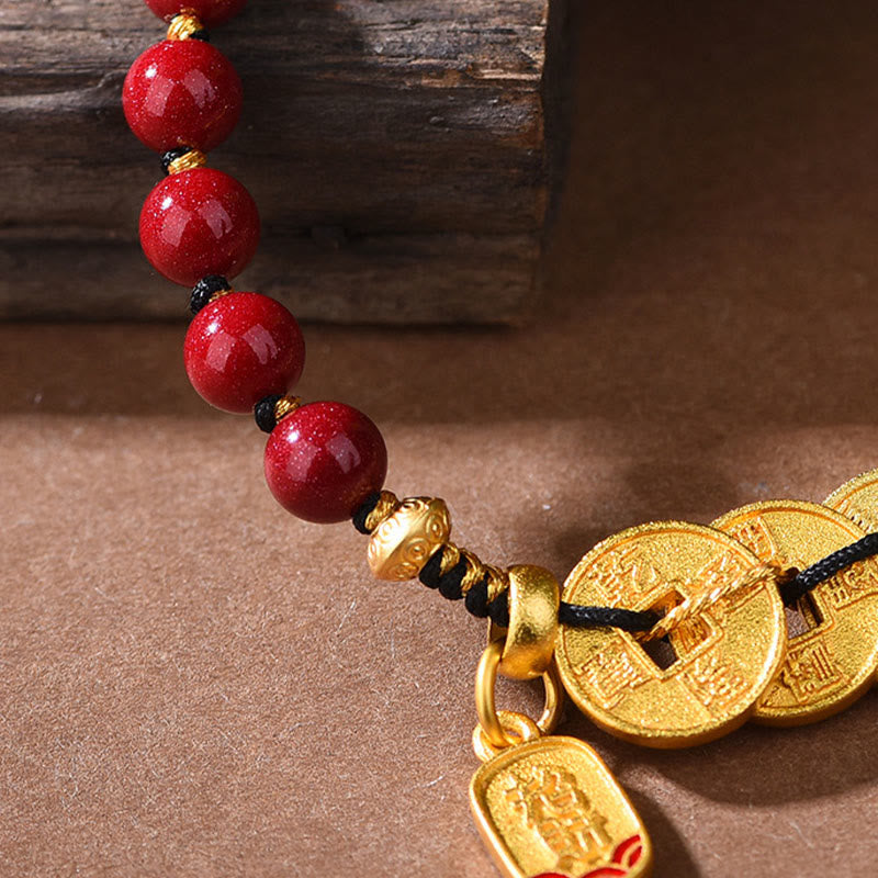 Wear FengShui Five-Emperor Coins Copper Amethyst Cinnabar Black Red String Balance Attract Fortune Bracelet