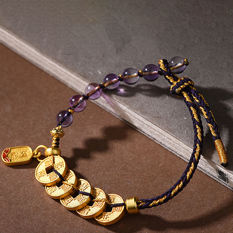 Wear FengShui Five-Emperor Coins Copper Amethyst Cinnabar Black Red String Balance Attract Fortune Bracelet