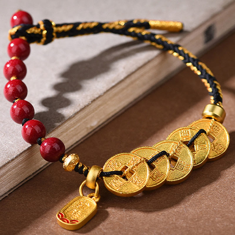 Wear FengShui Five-Emperor Coins Copper Amethyst Cinnabar Black Red String Balance Attract Fortune Bracelet