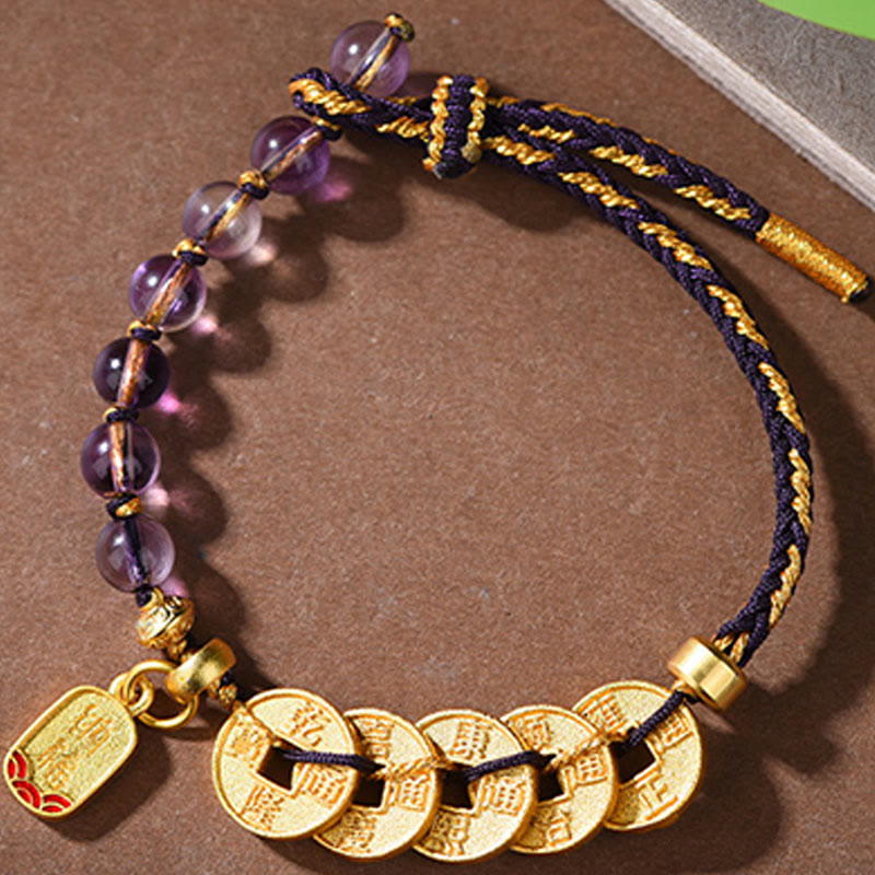 Wear FengShui Five-Emperor Coins Copper Amethyst Cinnabar Black Red String Balance Attract Fortune Bracelet