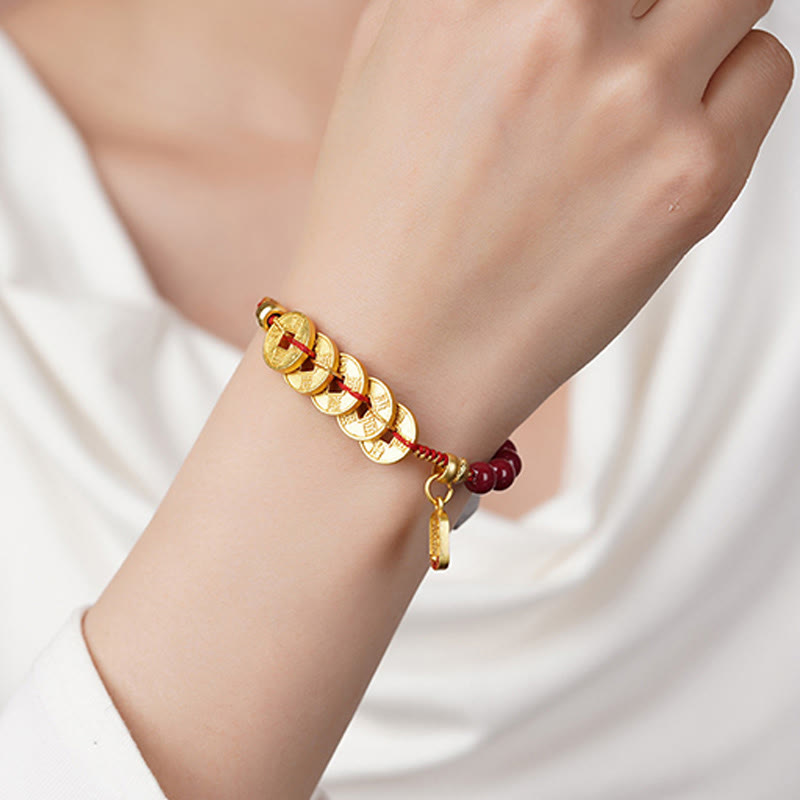 Wear FengShui Five-Emperor Coins Copper Amethyst Cinnabar Black Red String Balance Attract Fortune Bracelet