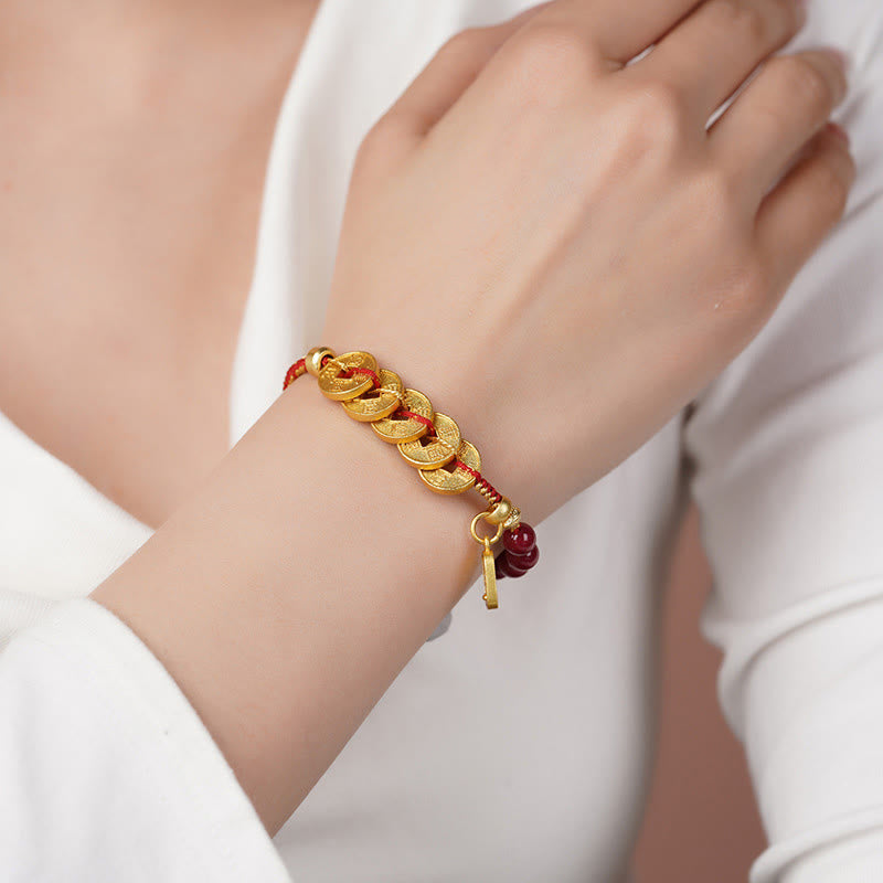Wear FengShui Five-Emperor Coins Copper Amethyst Cinnabar Black Red String Balance Attract Fortune Bracelet