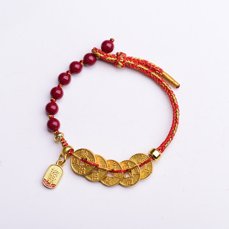 Wear FengShui Five-Emperor Coins Copper Amethyst Cinnabar Black Red String Balance Attract Fortune Bracelet