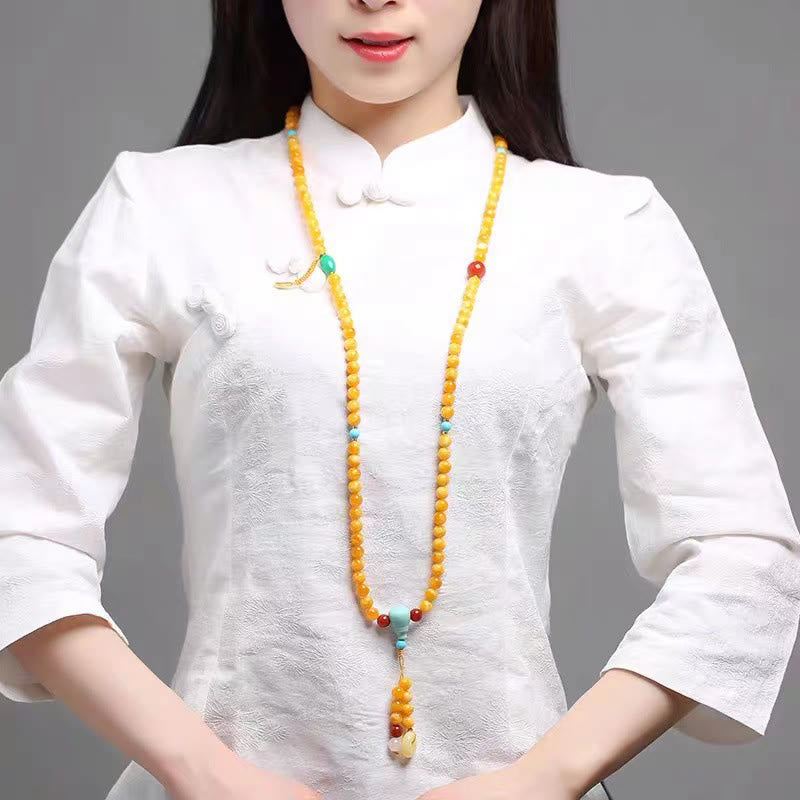 Wear FengShui 108 Beads Peace Buckle Lucky Cat Amber Auspicious Fortune Mala