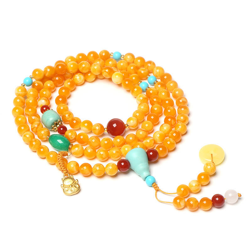 Wear FengShui 108 Beads Peace Buckle Lucky Cat Amber Auspicious Fortune Mala