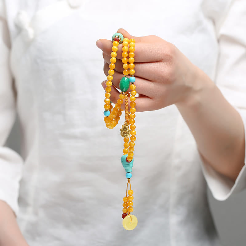 Wear FengShui 108 Beads Peace Buckle Lucky Cat Amber Auspicious Fortune Mala