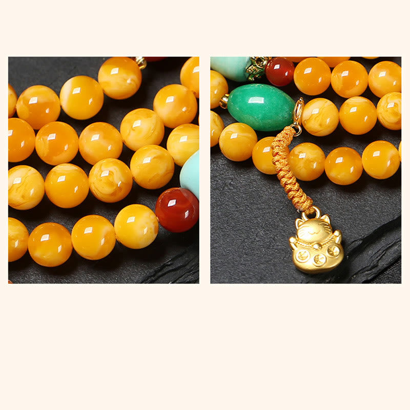 Wear FengShui 108 Beads Peace Buckle Lucky Cat Amber Auspicious Fortune Mala