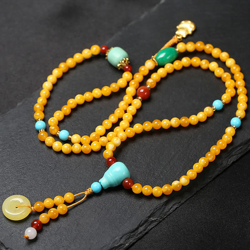 Wear FengShui 108 Beads Peace Buckle Lucky Cat Amber Auspicious Fortune Mala