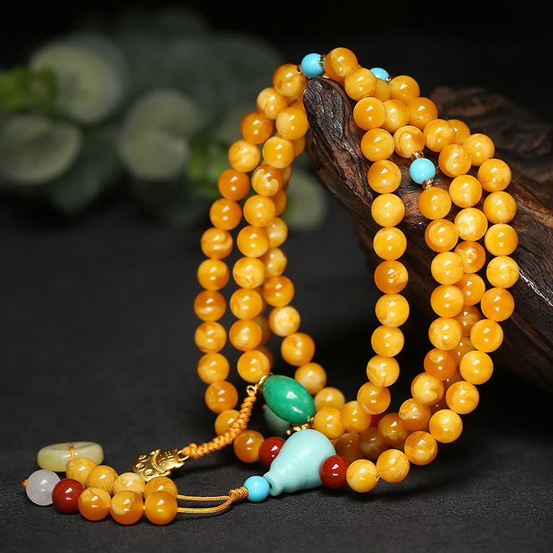 Wear FengShui 108 Beads Peace Buckle Lucky Cat Amber Auspicious Fortune Mala