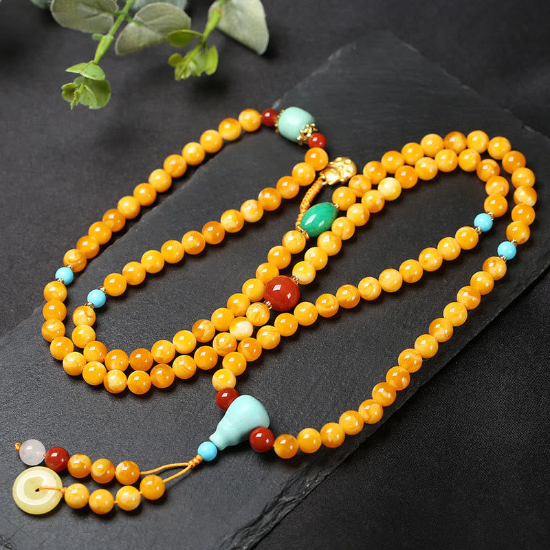 Wear FengShui 108 Beads Peace Buckle Lucky Cat Amber Auspicious Fortune Mala