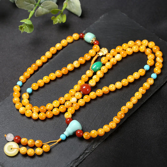 Wear FengShui 108 Beads Peace Buckle Lucky Cat Amber Auspicious Fortune Mala