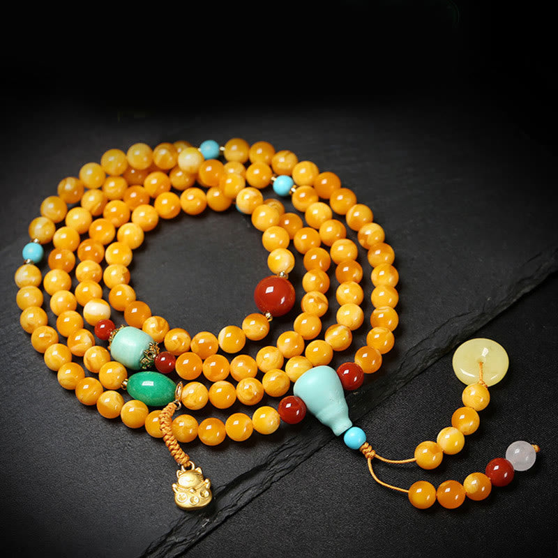 Wear FengShui 108 Beads Peace Buckle Lucky Cat Amber Auspicious Fortune Mala