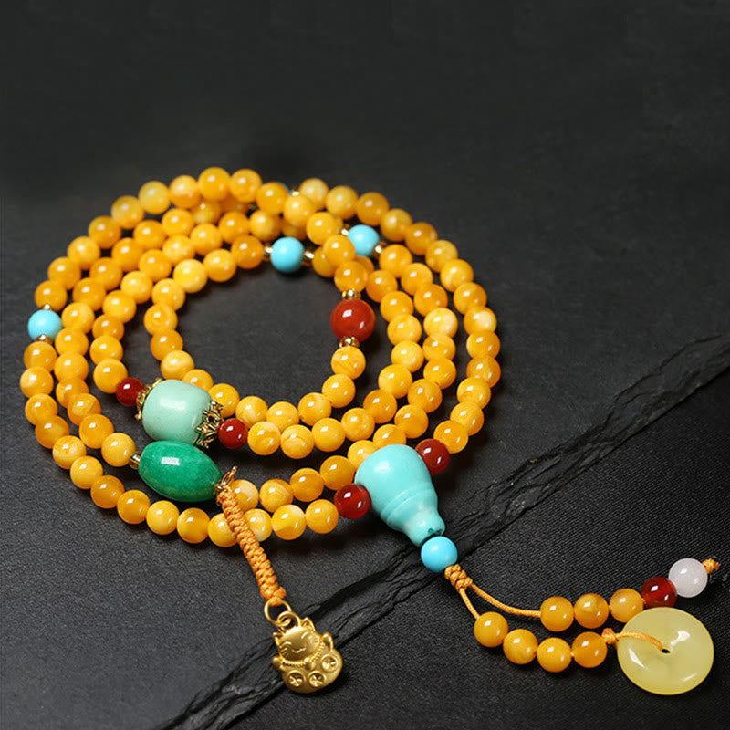 Wear FengShui 108 Beads Peace Buckle Lucky Cat Amber Auspicious Fortune Mala