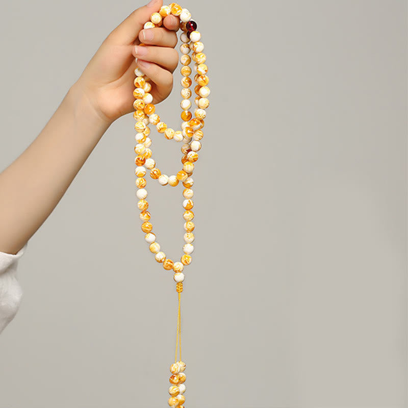 Wear FengShui Tibetan White Yellow 108 Beads Amber Mala