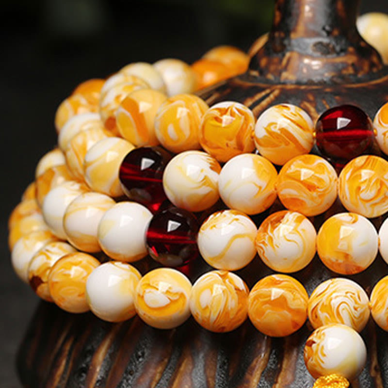 Wear FengShui Tibetan White Yellow 108 Beads Amber Mala