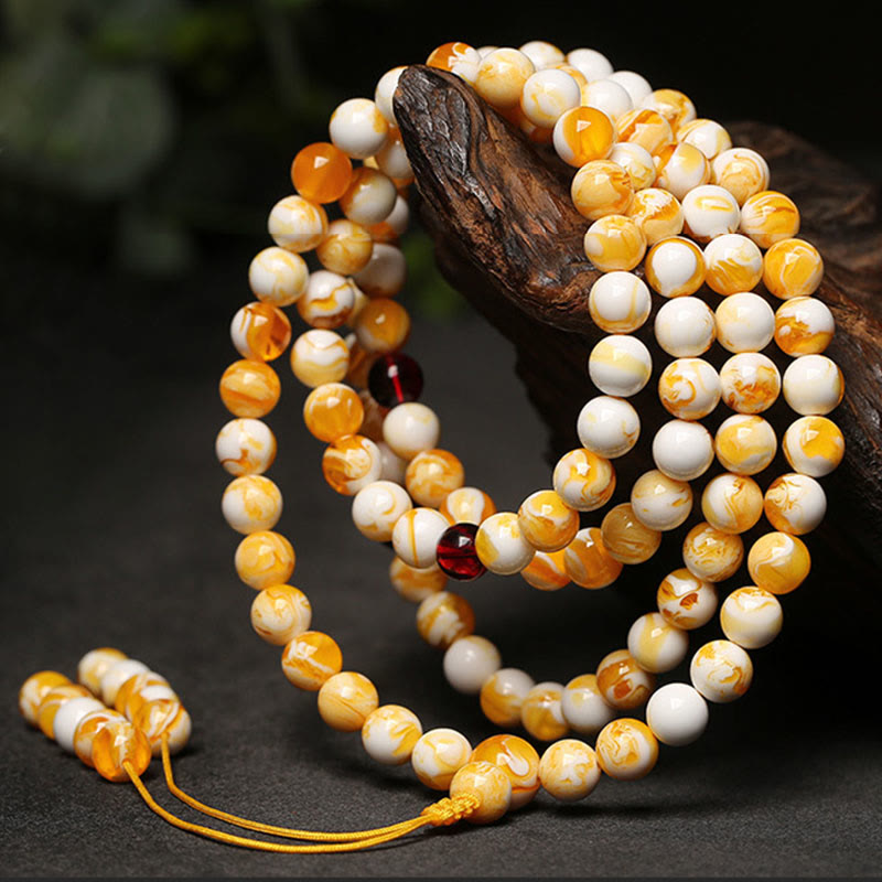 Wear FengShui Tibetan White Yellow 108 Beads Amber Mala