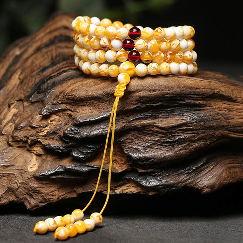 Wear FengShui Tibetan White Yellow 108 Beads Amber Mala