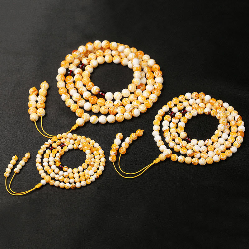 Wear FengShui Tibetan White Yellow 108 Beads Amber Mala