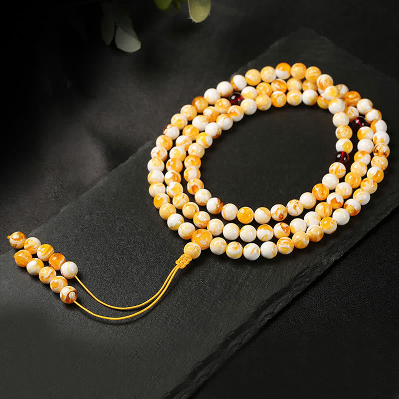 Wear FengShui Tibetan White Yellow 108 Beads Amber Mala