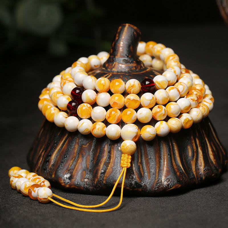 Wear FengShui Tibetan White Yellow 108 Beads Amber Mala