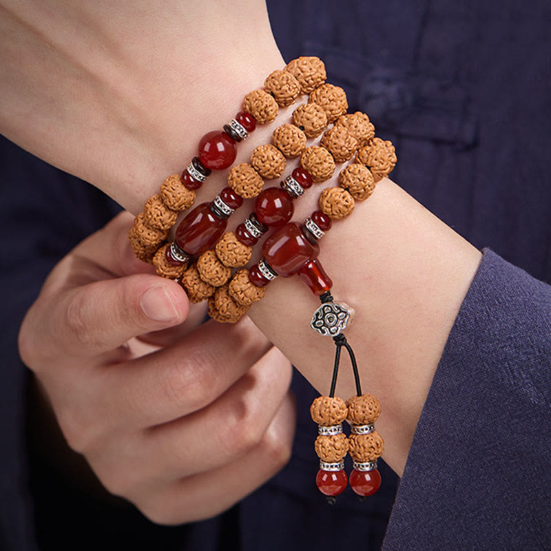 Wear FengShui Tibetan 108 Beads Bodhi Seed Three-eyed Dzi Bead Auspiciousness Mala