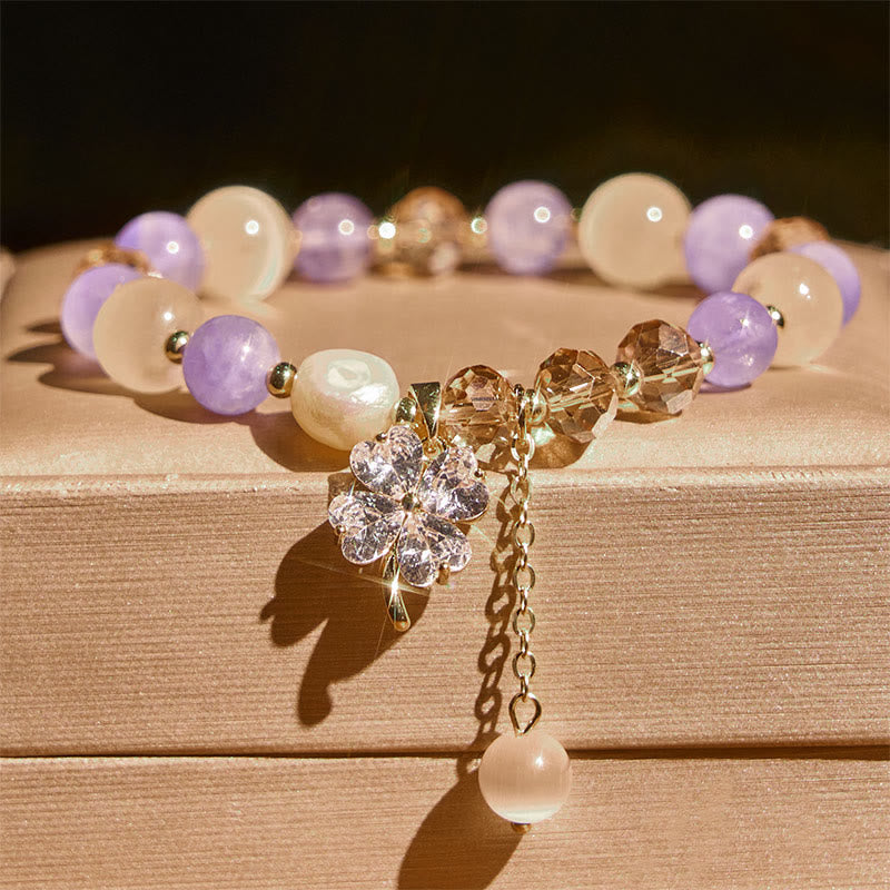 Wear FengShui Four Leaf Clover Amethyst Citrine Green Strawberry Quartz Rutilated Quartz Balance Bracelet