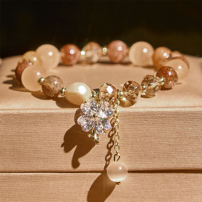 Wear FengShui Four Leaf Clover Amethyst Citrine Green Strawberry Quartz Rutilated Quartz Balance Bracelet
