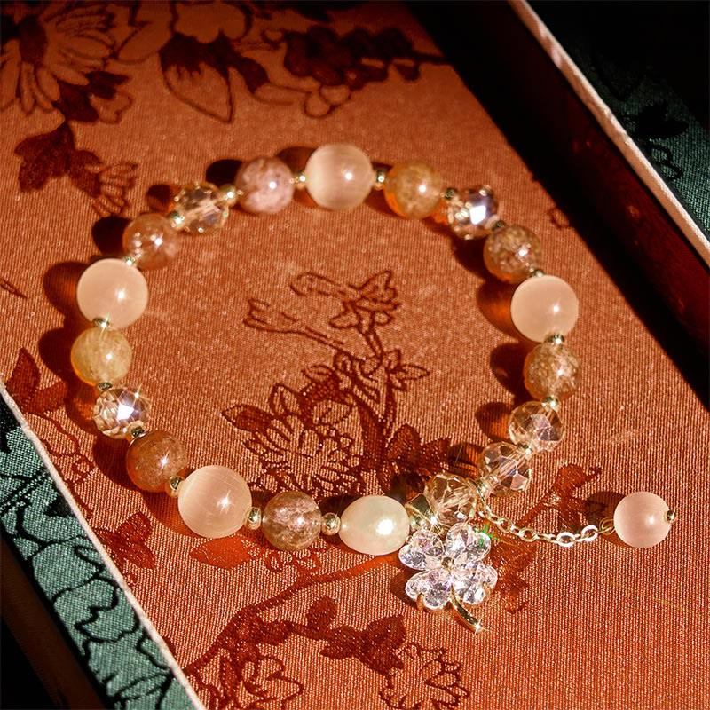 Wear FengShui Four Leaf Clover Amethyst Citrine Green Strawberry Quartz Rutilated Quartz Balance Bracelet
