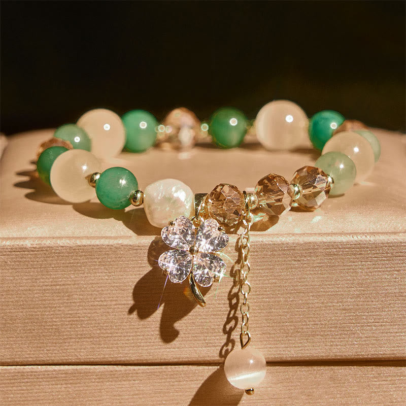 Wear FengShui Four Leaf Clover Amethyst Citrine Green Strawberry Quartz Rutilated Quartz Balance Bracelet