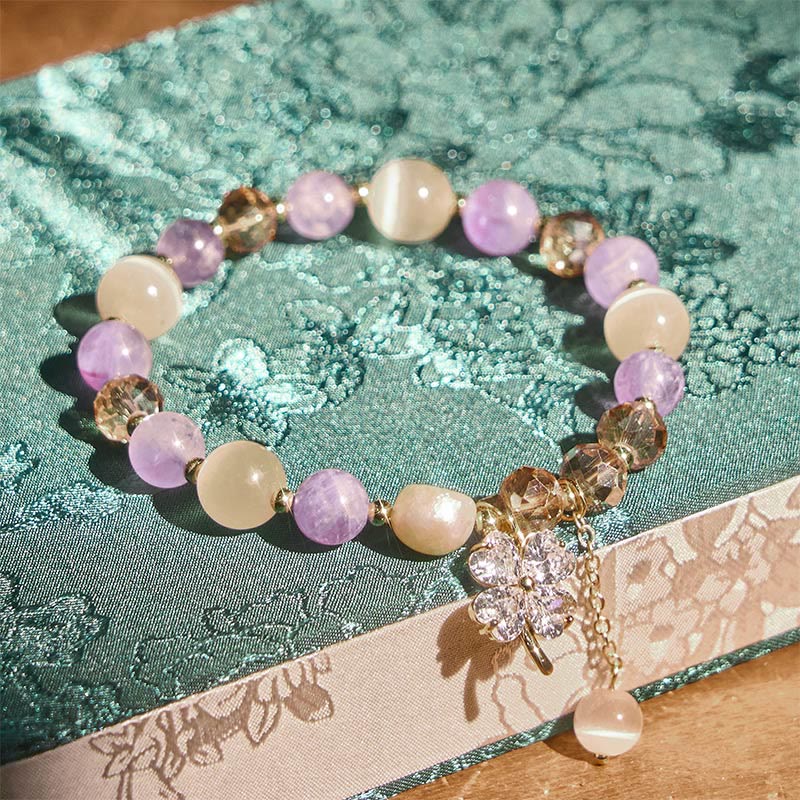 Wear FengShui Four Leaf Clover Amethyst Citrine Green Strawberry Quartz Rutilated Quartz Balance Bracelet