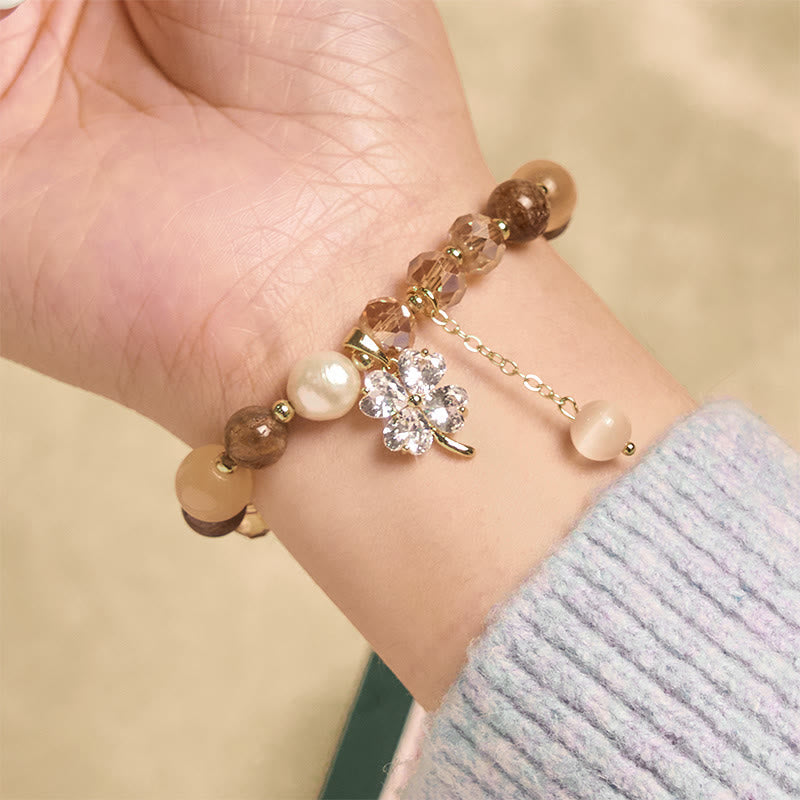 Wear FengShui Four Leaf Clover Amethyst Citrine Green Strawberry Quartz Rutilated Quartz Balance Bracelet