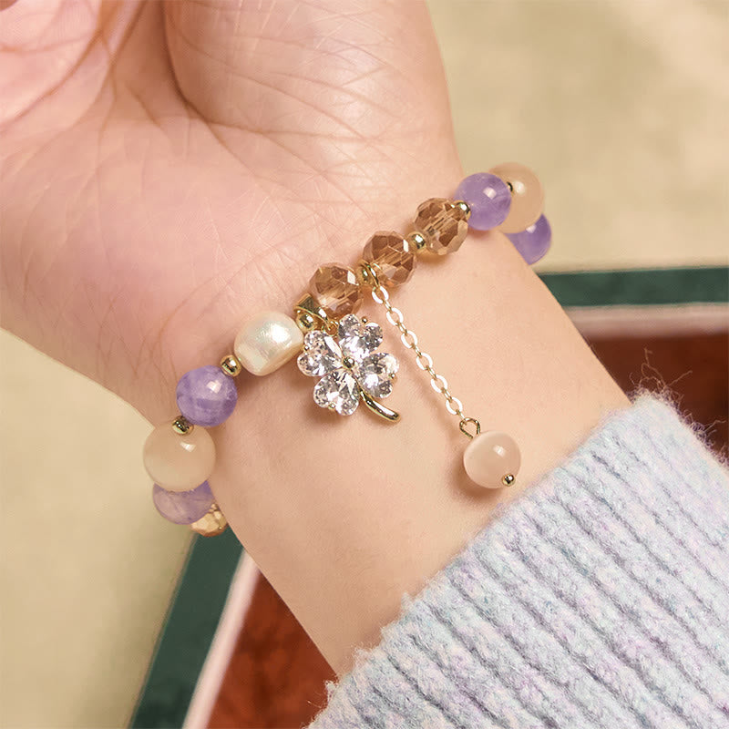 Wear FengShui Four Leaf Clover Amethyst Citrine Green Strawberry Quartz Rutilated Quartz Balance Bracelet