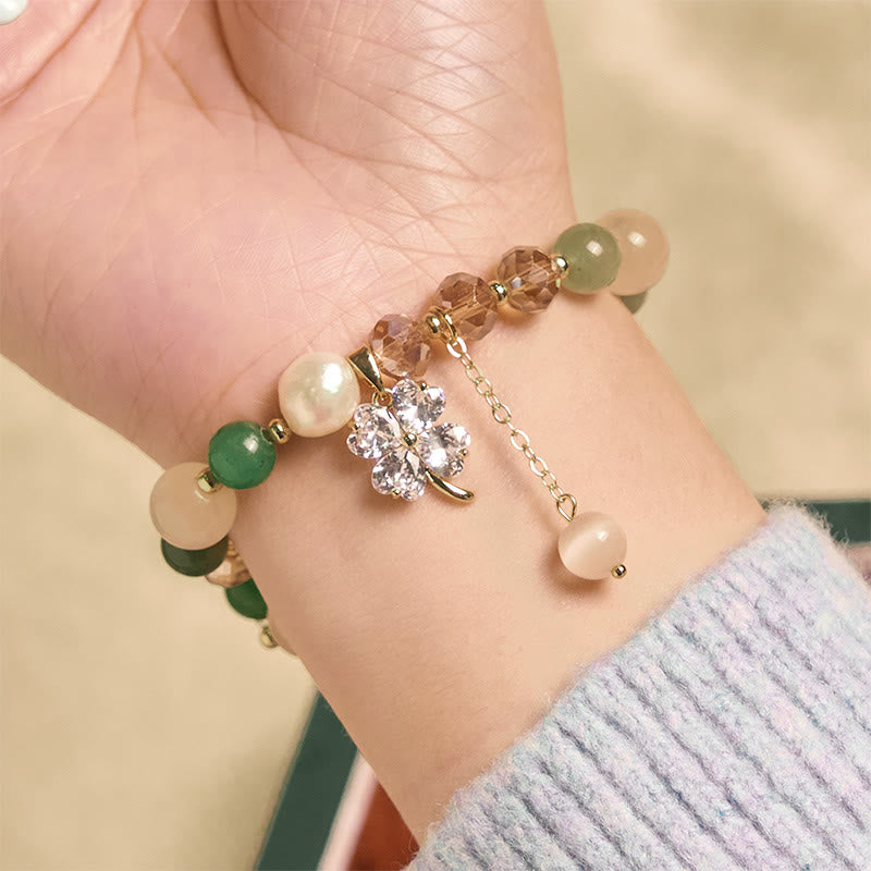 Wear FengShui Four Leaf Clover Amethyst Citrine Green Strawberry Quartz Rutilated Quartz Balance Bracelet