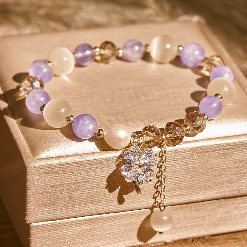 Wear FengShui Four Leaf Clover Amethyst Citrine Green Strawberry Quartz Rutilated Quartz Balance Bracelet
