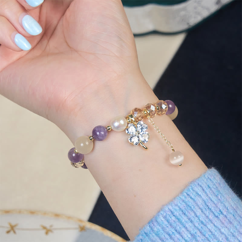 Wear FengShui Four Leaf Clover Amethyst Citrine Green Strawberry Quartz Rutilated Quartz Balance Bracelet