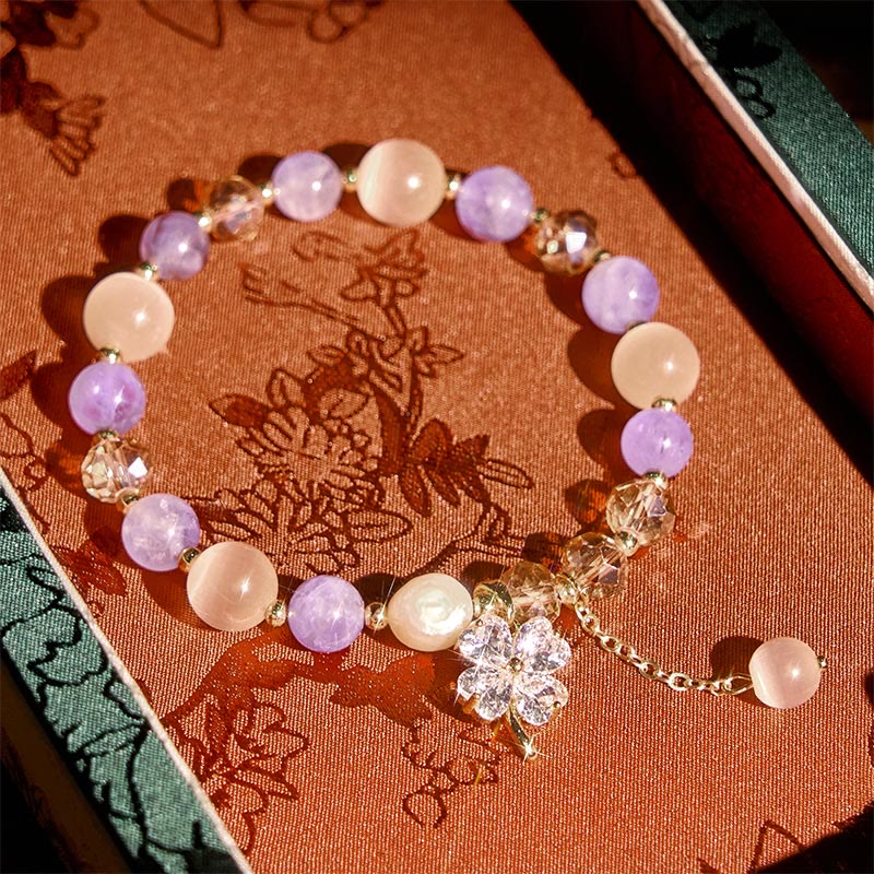 Wear FengShui Four Leaf Clover Amethyst Citrine Green Strawberry Quartz Rutilated Quartz Balance Bracelet