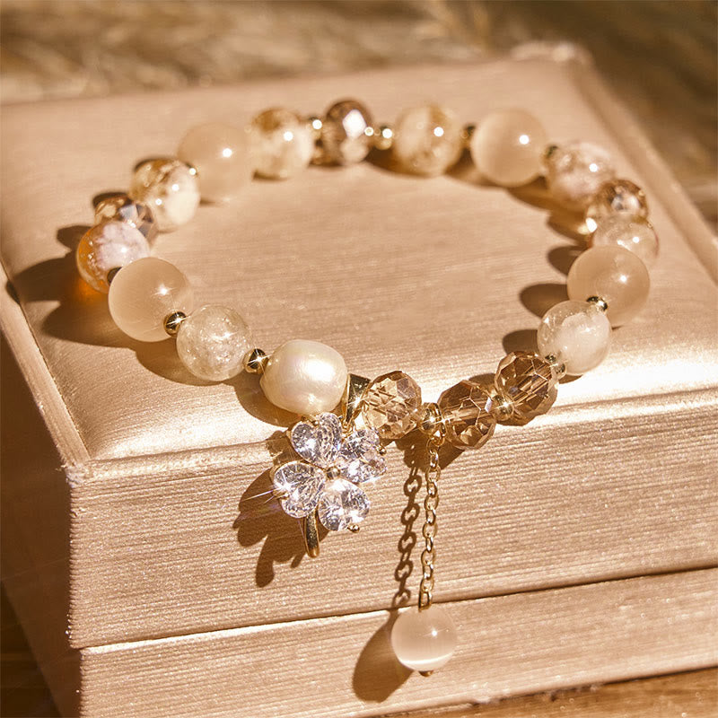 Wear FengShui Four Leaf Clover Amethyst Citrine Green Strawberry Quartz Rutilated Quartz Balance Bracelet