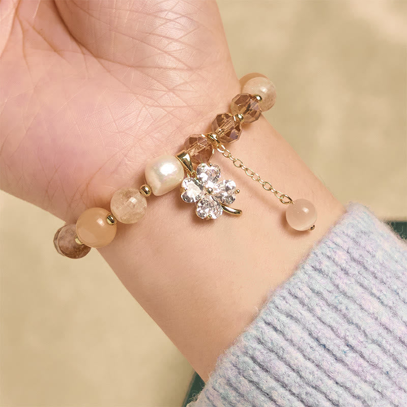 Wear FengShui Four Leaf Clover Amethyst Citrine Green Strawberry Quartz Rutilated Quartz Balance Bracelet