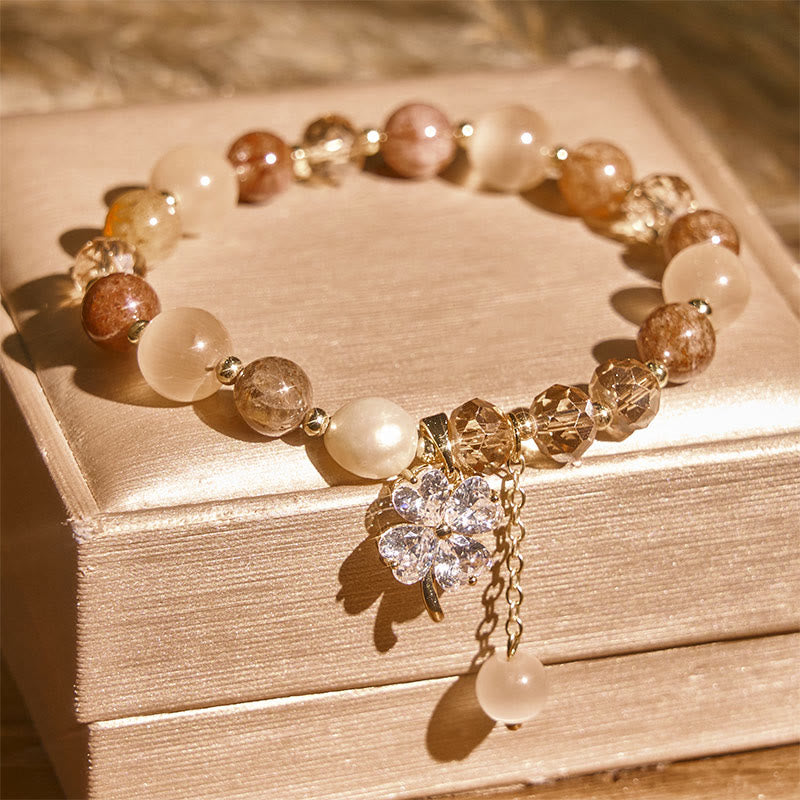 Wear FengShui Four Leaf Clover Amethyst Citrine Green Strawberry Quartz Rutilated Quartz Balance Bracelet