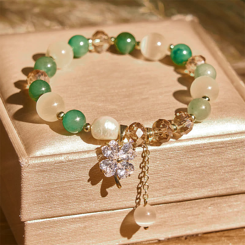 Wear FengShui Four Leaf Clover Amethyst Citrine Green Strawberry Quartz Rutilated Quartz Balance Bracelet